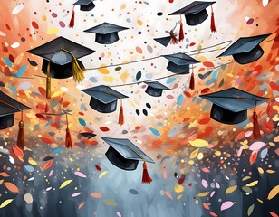 A lively illustration of graduation caps and confetti on a transparent background, ideal for invitation cards celebrating academic milestones.