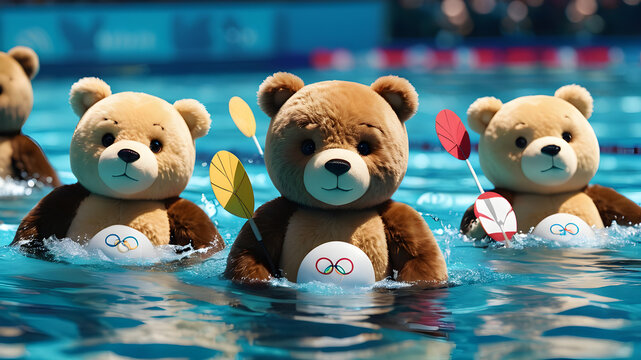 Teddy bears swimming the 400m butterfly event at the Olympics, Generative AI