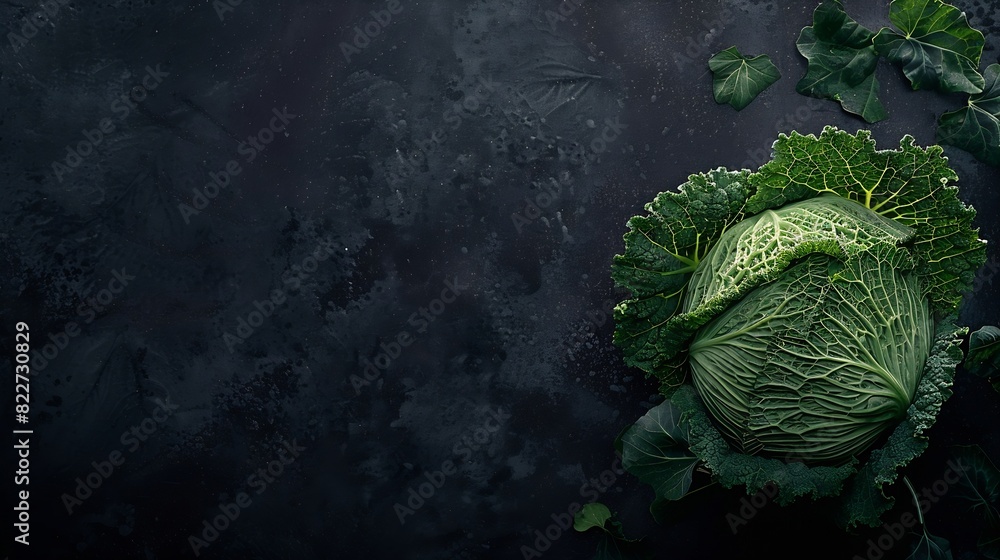 Poster Raw fresh green cabbage texture and background top view over dark background selective focus : Generative AI