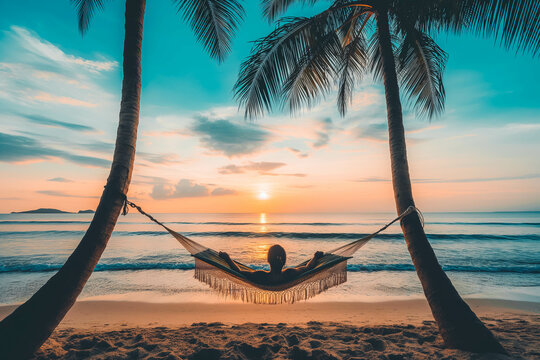 A person (South Asian) relaxes in a hammock strung between two palm trees on a tropical beach at sunset, listening to the sound of the waves.