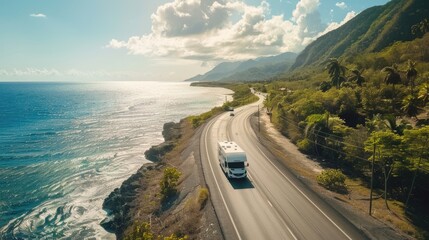 Aerial view of RV motorhome camper on the tropical coastal highway. Beautiful scenery with the sea and palm trees