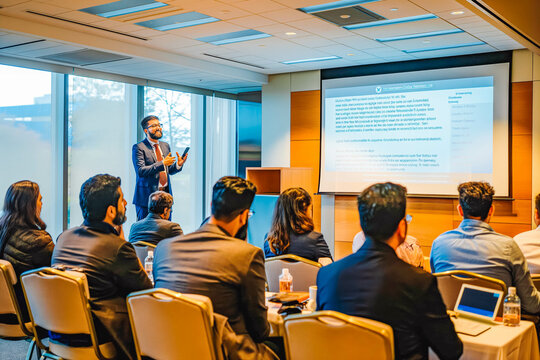 A South Asian entrepreneur passionately delivers a presentation on a large screen to a captivated audience in a conference room, bathed in the warm glow of the setting sun outside.