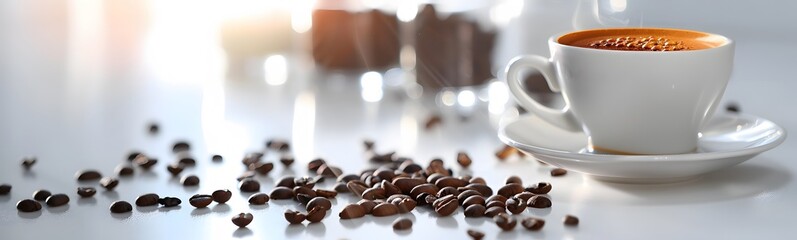 expresso coffee cup and coffee beans on white tables