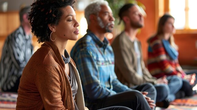 A group of individuals sitting in a meditation room participating in a mindful listening workshop.