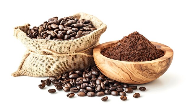 Roasted coffee beans in sack bag with coffe powder ground coffee in wooden bowl isolated on white background : Generative AI