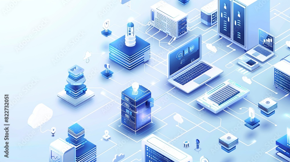 Poster isometric icon of computers, laptops, and technology equipment on a blue and white background. creat