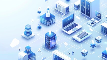 Isometric icon of computers, laptops, and technology equipment on a blue and white background. Creative banner for computer service and tech repair with copy space. 