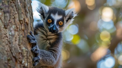 A curious lemur with striking eyes climbing a tree in a Madagascar forest,