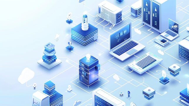 Isometric icon of computers, laptops, and technology equipment on a blue and white background. Creative banner for computer service and tech repair with copy space. 
