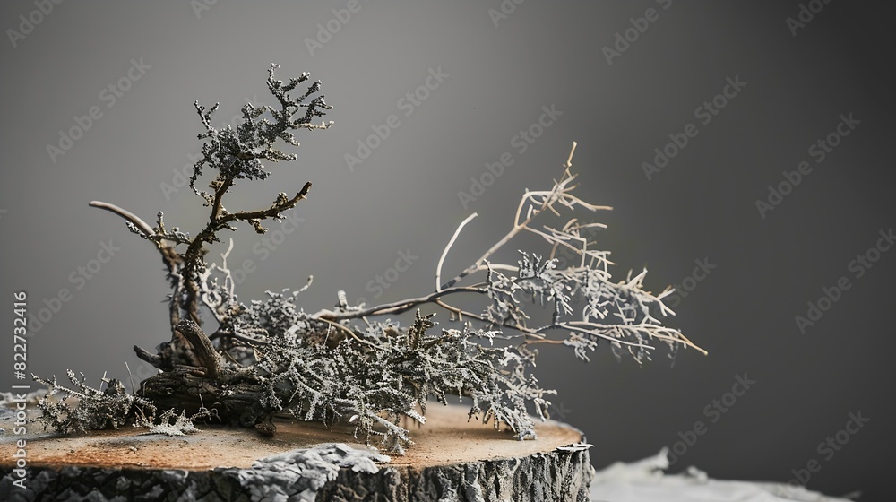 Poster abstract north nature scene with a composition of lichen pine branches and dry snags place your prod