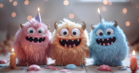 Obraz premium Three furry monsters with party hats and candles. Generated by AI.