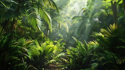 A dense jungle scene from the Mesozoic era with towering ferns and prehistoric plants,