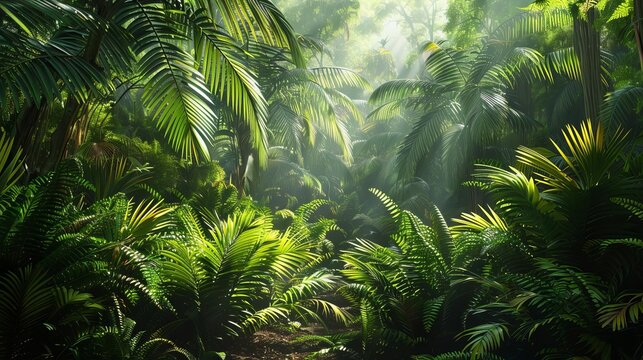 Fototapeta A dense jungle scene from the Mesozoic era with towering ferns and prehistoric plants,