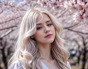 Fototapeta premium Woman with blonde hair standing in front of cherry blossom tree