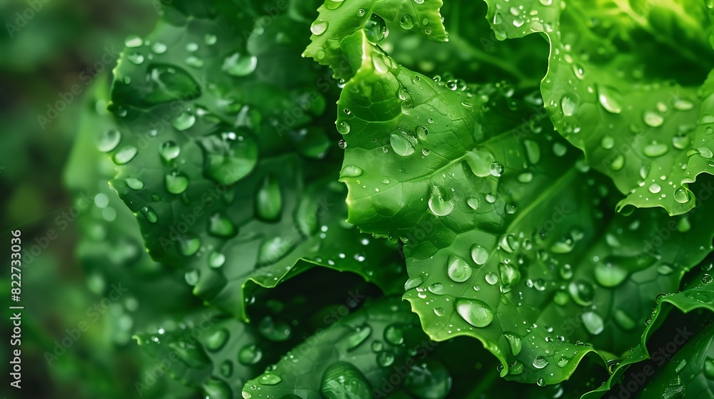 Poster closeup macro view of fresh green lettuce leaves with water drops high resolution : generative ai