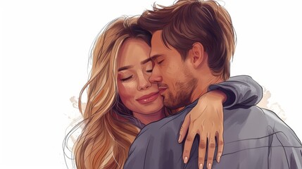 Hand drawn style modern illustration of a smiling woman hugging her husband.