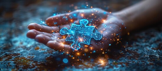 Abstract hand-holding jigsaw puzzle hologram in futuristic light blue style