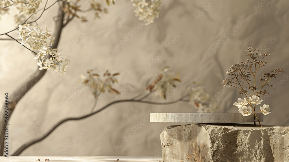 Poster composition empty podium material tree stone dry flowers product presentation background beige green