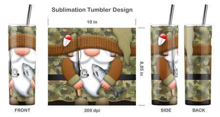 Funny Fishing Gnome cartoon character. Seamless sublimation template for 20 oz skinny tumbler. Sublimation illustration. Seamless from edge to edge. Full tumbler wrap.