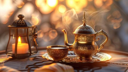 Fototapeta premium 3D render of an arabic coffee dallah placed on a lit background