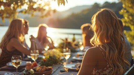 A serene setting of friends sitting by a lake taking in the peacefulness while indulging in a mindful meal.