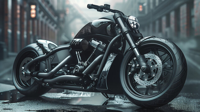 Bold Custom Black Motorcycle Parked in Urban Setting