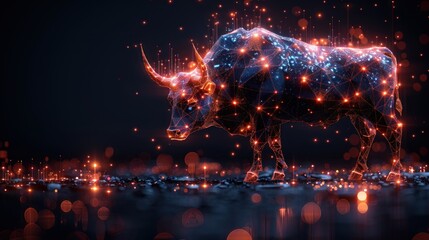 Japanese candlesticks and a Bull on dark background