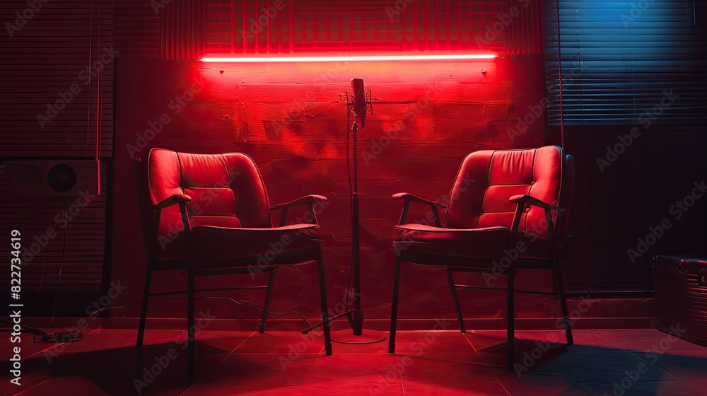 Poster two red chairs are facing each other in a dimly lit room. the chairs are positioned in front of a mi