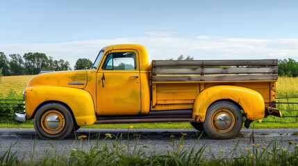 Vintage Yellow Pickup Truck Parked by Roadside
