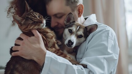 Obraz premium Happy veterinarian hugging dog and cat : Generative AI