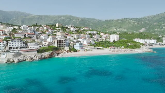 Seaside view over Himare from a drone, Albanian Riviera, Albania