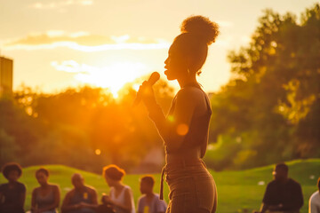 A young Black woman confidently gives a speech in a park at sunset, her message resonating with the crowd.