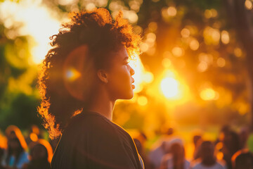 A young Black woman confidently gives a speech in a park at sunset, her message resonating with the crowd. - Powered by Adobe