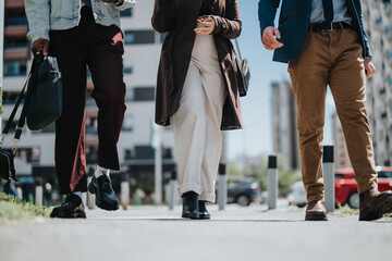 A group of young professionals is captured walking together during an informal business meeting on...