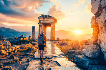 Adventurous traveler exploring ancient ruins at sunrise, marveling at historical wonders. - Powered by Adobe