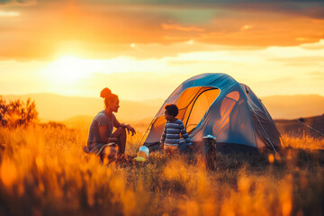 African American woman and her son setting up a tent on a camping trip at sunset.
