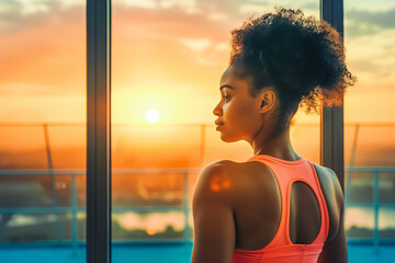 African American woman doing a fitness workout at a gym with large windows facing the sunset.