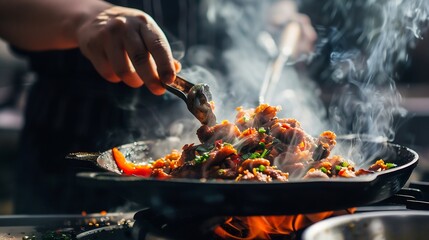 Fototapeta premium Closeup of chef putting fried meat on the plate with vegetables he cooking dish from chef : Generative AI