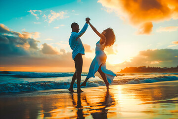 Afro-American couple salsa dancing on beach at sunset, rhythm of the ocean complementing their moves.