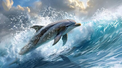 Fototapeta premium A dolphin leaping out of the water, with a wave crashing behind it