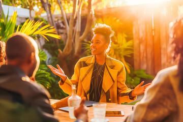Afro-American entrepreneur leading team meeting in outdoor courtyard at sunset, collaboration in inspiring setting.