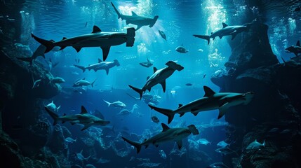 Obraz premium A group of hammerhead sharks swimming in the deep ocean, with their distinctive heads clearly visible