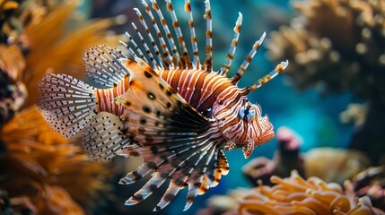 Obraz premium A lionfish swimming gracefully among coral, with its spines extended