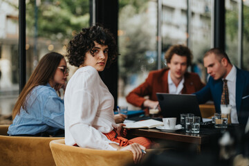 A group of young professionals engaged in a business discussion in a contemporary cafe setting.