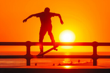Afro-American man skateboarding along coastal boardwalk at sunset, silhouette against vibrant orange sky.