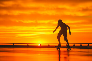 Afro-American man skateboarding along coastal boardwalk at sunset, silhouette against vibrant orange sky.