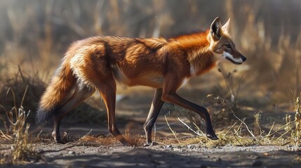Obraz premium A maned wolf walking through a South American savannah, with its long legs and distinctive mane