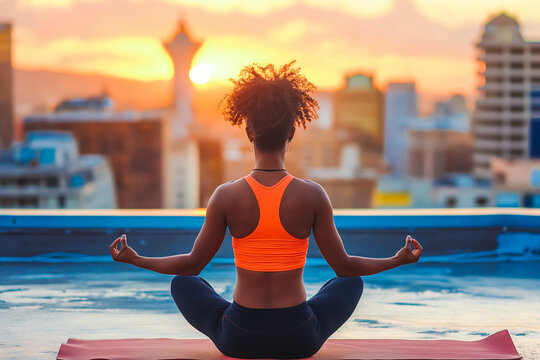 Afro-American woman enjoying rooftop yoga session at sunset, city skyline providing serene backdrop.