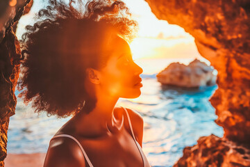 Afro-American woman exploring hidden cave beach at sunset, secluded paradise bathed in warm hues.