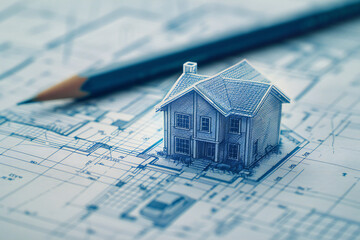 A miniature model of a house placed on an architectural blueprint. The image symbolizes precision and creativity in architecture and design. Ideal for marketing campaigns focused on architectury